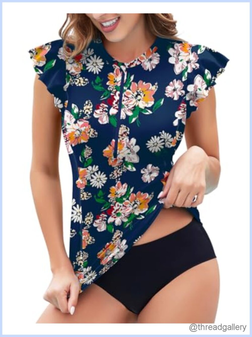 Women's UPF 50+ Sleeveless Rash Guard Tankini Top with Built-In Bra, Ruffle